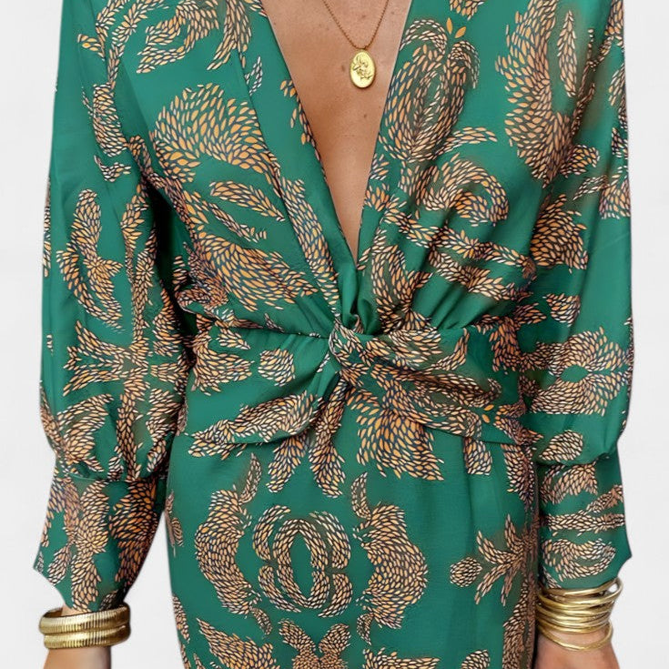 Ema Maxi Obleka z V-Izrezom in Sprednjim Vozlom