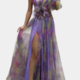 Teodora Asimetrična Maxi Obleka z Enim Ramenom in Umetniškim Vzorcem