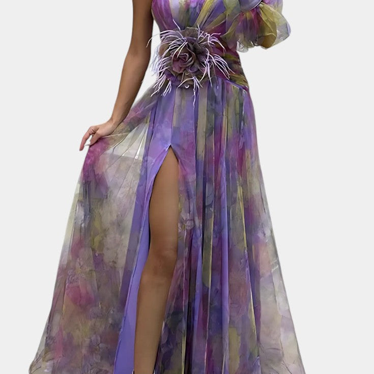 Teodora Asimetrična Maxi Obleka z Enim Ramenom in Umetniškim Vzorcem