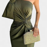 Andrea Asimetrična Obleka z Draperijo na Enem Ramu