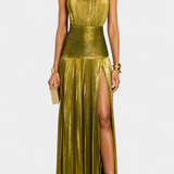 Hana Halter Metalik Obleka z Odprtimi Hrbtom in Visokim Razrezom