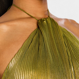 Hana Halter Metalik Obleka z Odprtimi Hrbtom in Visokim Razrezom