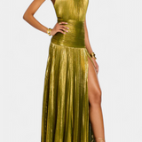 Hana Halter Metalik Obleka z Odprtimi Hrbtom in Visokim Razrezom