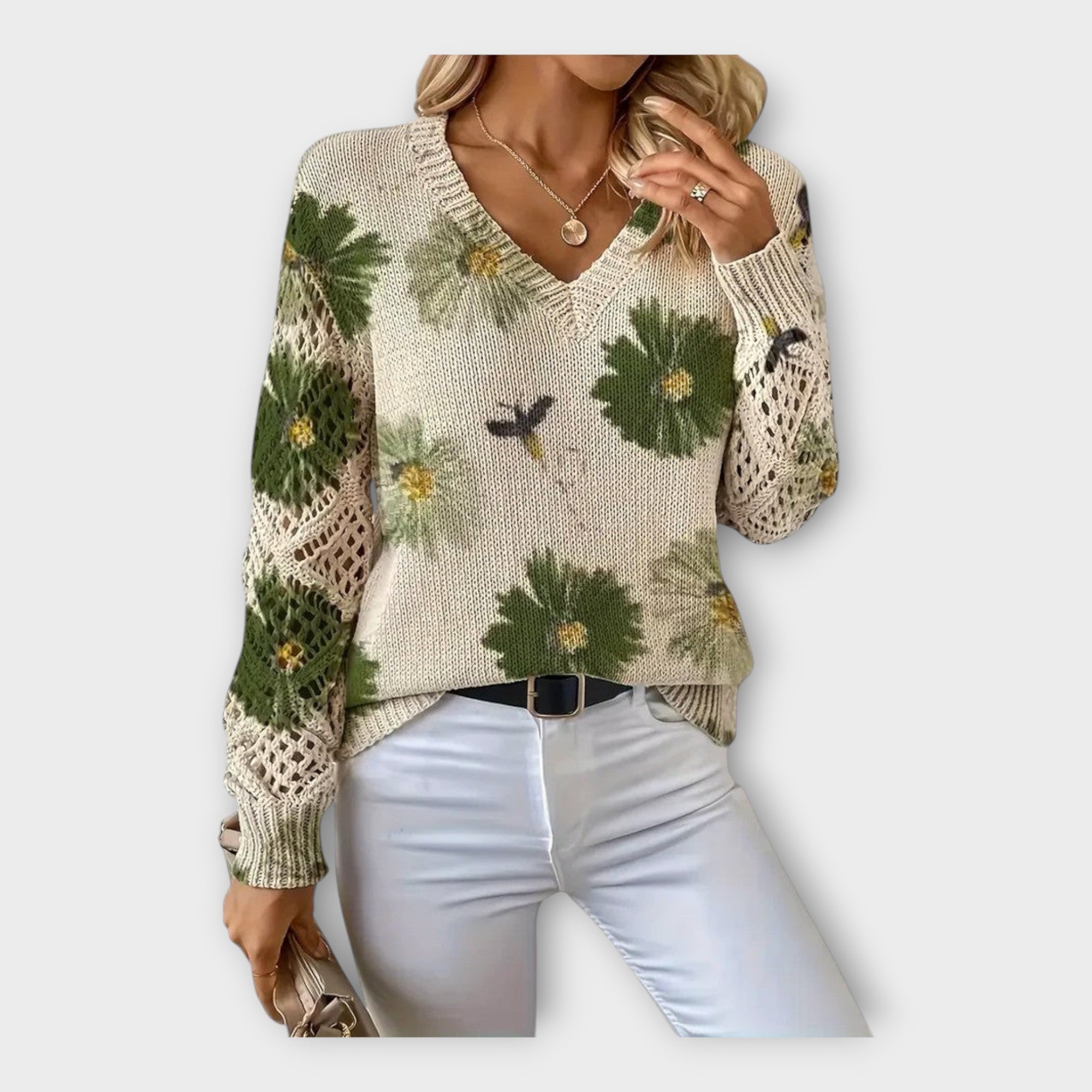 Pleteni Pulover z Čipkastimi Detajli