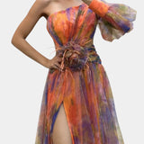 Teodora Asimetrična Maxi Obleka z Enim Ramenom in Umetniškim Vzorcem