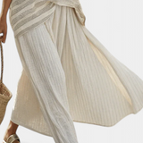 Set iz lanenega bambusa Daisy z elegantno prugasto majico in zračnimi hlačami za moden in udoben stil