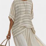 Set iz lanenega bambusa Daisy z elegantno prugasto majico in zračnimi hlačami za moden in udoben stil