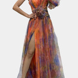 Teodora Asimetrična Maxi Obleka z Enim Ramenom in Umetniškim Vzorcem