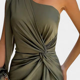 Andrea Asimetrična Obleka z Draperijo na Enem Ramu