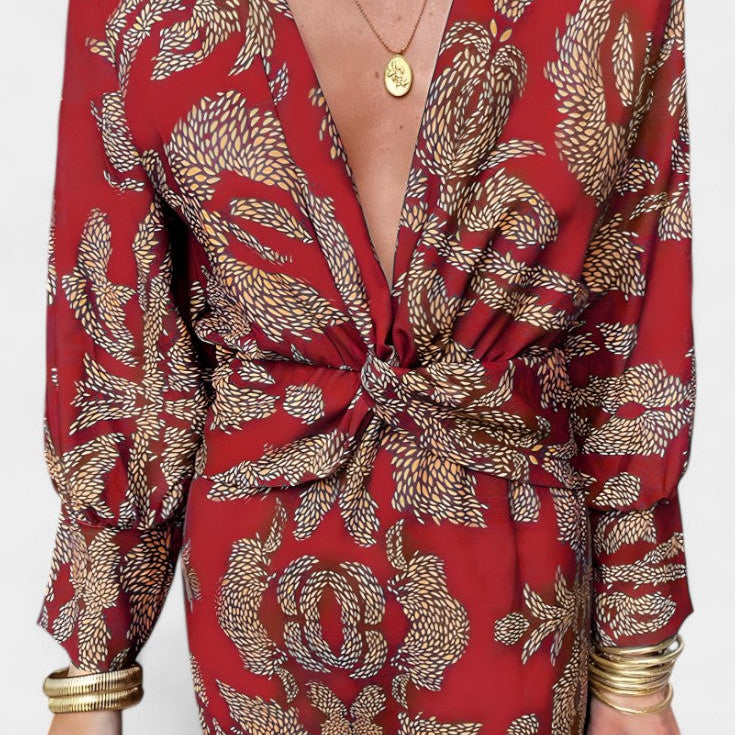 Ema Maxi Obleka z V-Izrezom in Sprednjim Vozlom