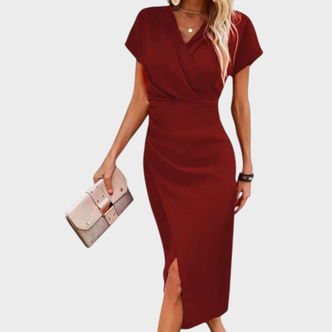 Vilma | Midi obleka z V-izrezom in razporkom spredaj