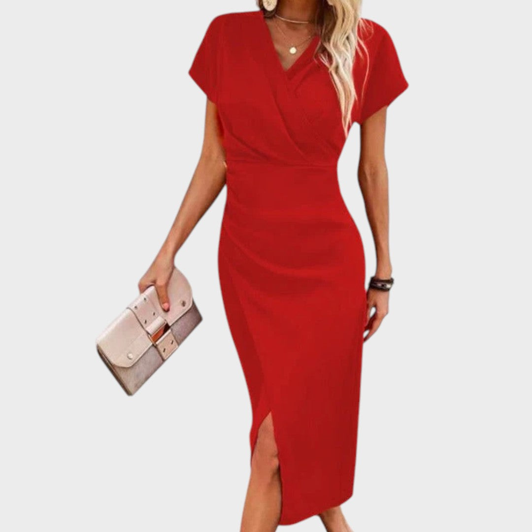 Vilma | Midi obleka z V-izrezom in razporkom spredaj