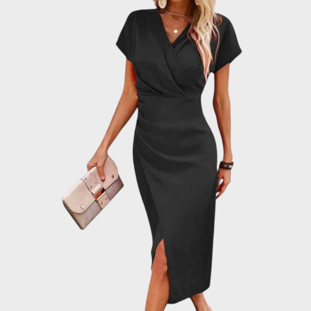 Vilma | Midi obleka z V-izrezom in razporkom spredaj