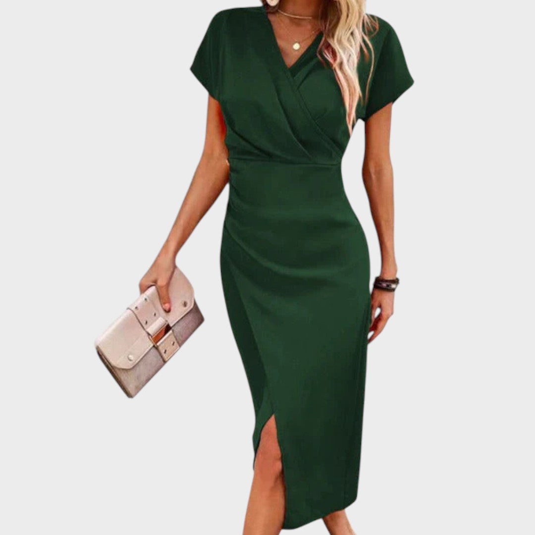 Vilma | Midi obleka z V-izrezom in razporkom spredaj