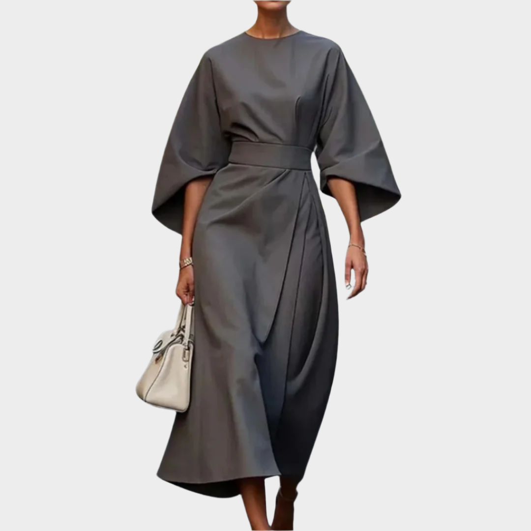 Sikato Minimalistična Obleka z Pasom in Širokimi Rokavi