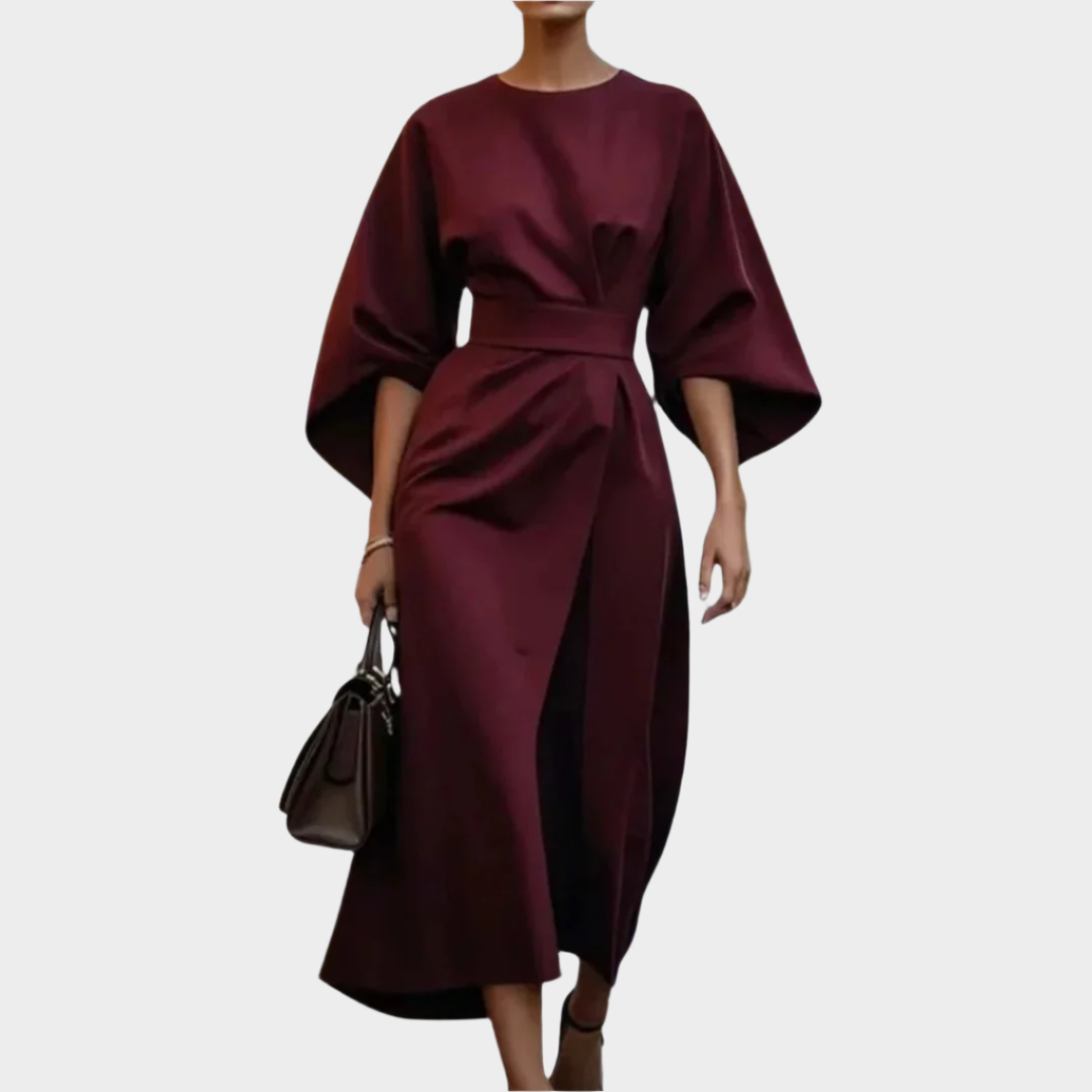 Sikato Minimalistična Obleka z Pasom in Širokimi Rokavi