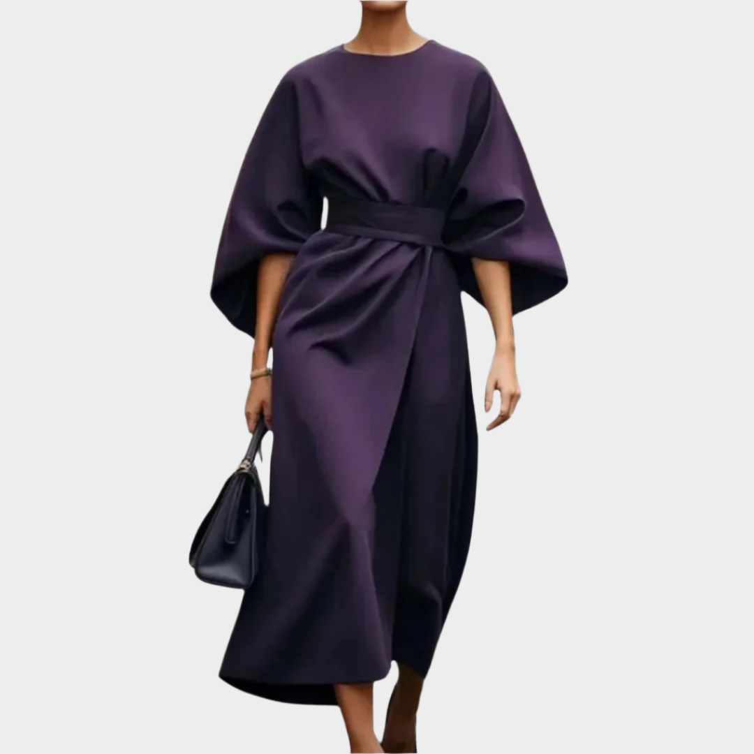 Sikato Minimalistična Obleka z Pasom in Širokimi Rokavi