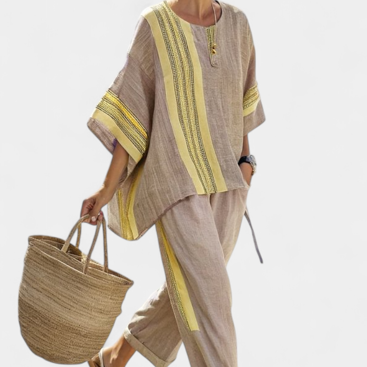 Set iz lanenega bambusa s očarljivo sivko in podrobnostmi v rumeni črti