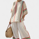 Sredozemni set Daisy iz bambusovega platna z elegantnimi rdečimi in zelenimi črtami