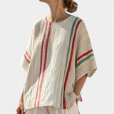 Sredozemni set Daisy iz bambusovega platna z elegantnimi rdečimi in zelenimi črtami