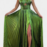 Branimira Maxi Obleka Metalik s Preklopom in Raskorakom