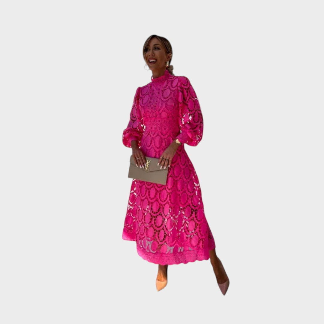 Danica - Čipkasta haljina s puf rukavi in visokim ovratnikom