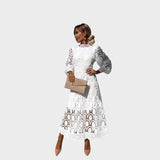 Danica - Čipkasta haljina s puf rukavi in visokim ovratnikom