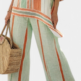 Eleganten Set iz Lino Bambusa s Črtami in Asimetrično Bluzo ter Širokimi Hlačami za Rafiniran Stil