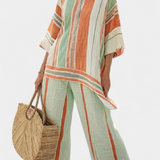 Eleganten Set iz Lino Bambusa s Črtami in Asimetrično Bluzo ter Širokimi Hlačami za Rafiniran Stil