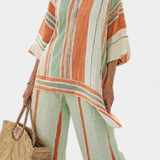 Eleganten Set iz Lino Bambusa s Črtami in Asimetrično Bluzo ter Širokimi Hlačami za Rafiniran Stil