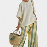 Daisy komplet iz bambusovega lanu Sredozemski z olivnimi črtami za osvežujoč in eleganten slog