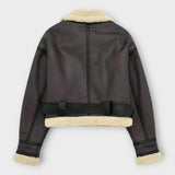 Usnjena kratka jakna z umetnim krznom in pasom