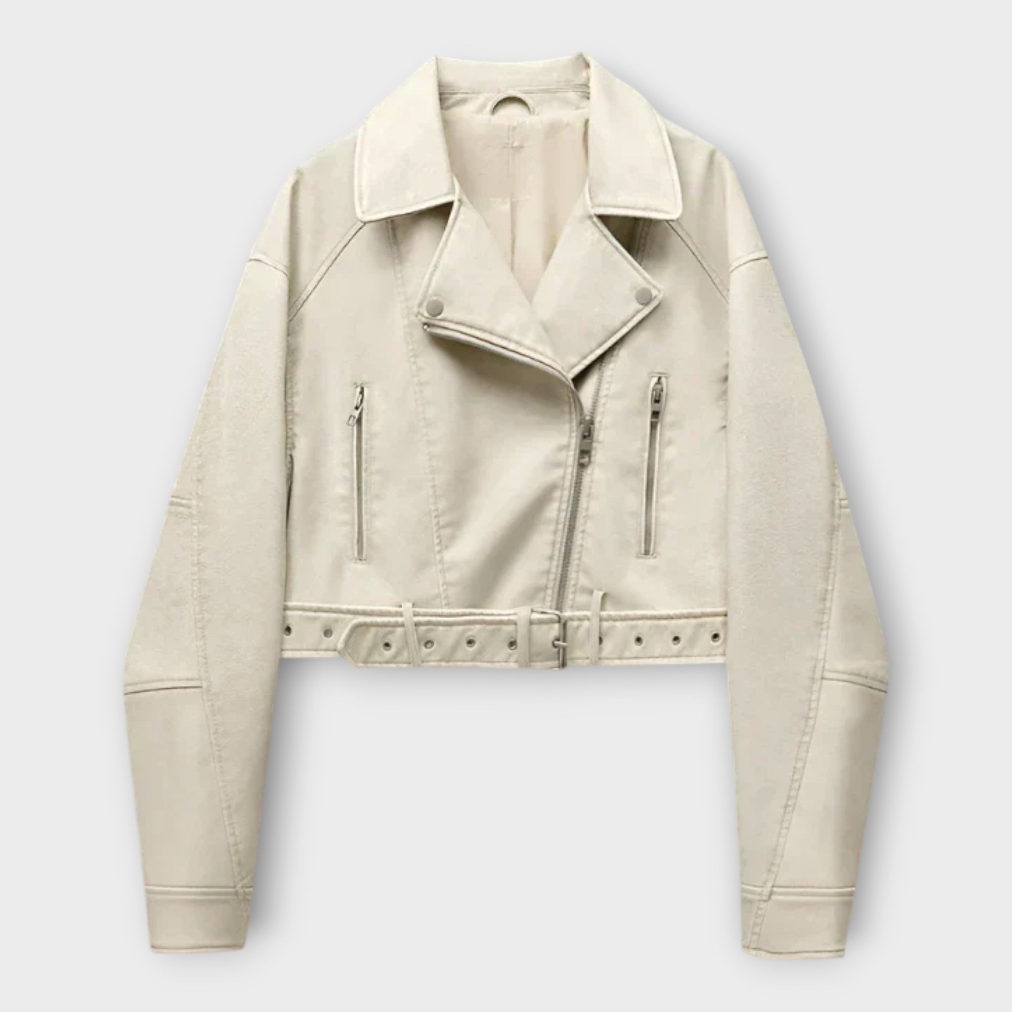 Moderna kratka usnjena jakna z pasom in rafinirano estetiko