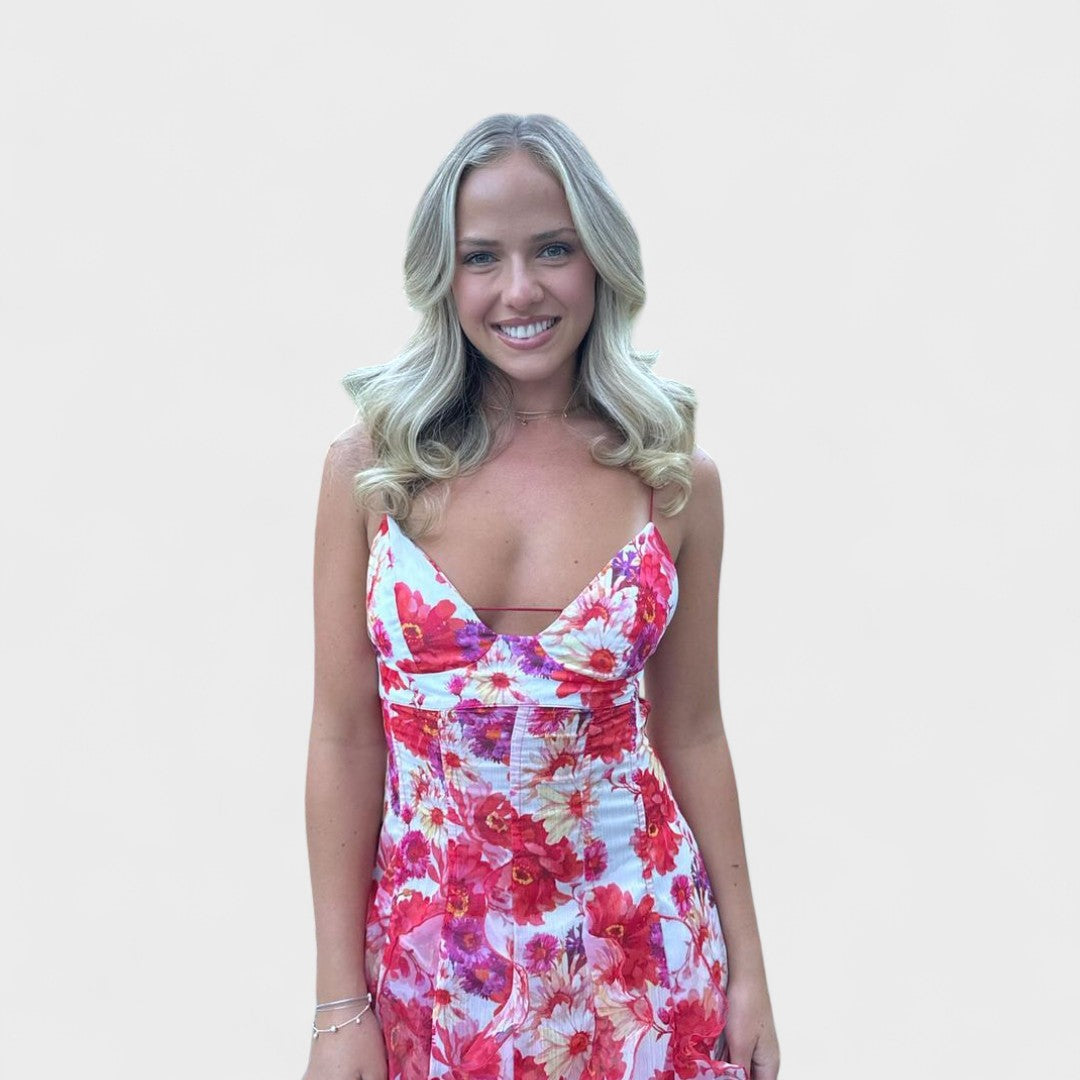 Mirjana - Dolga cvetna obleka z volani