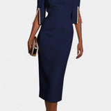 Vesna Midi Obleka z Bisernimi Detajli in Okruglim Izrezom