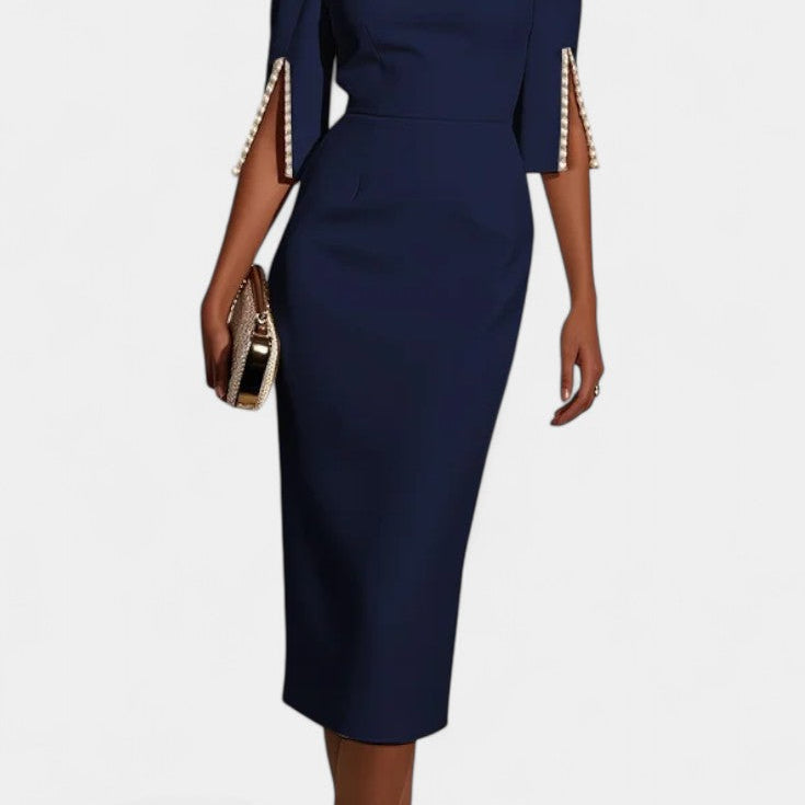 Vesna Midi Obleka z Bisernimi Detajli in Okruglim Izrezom
