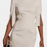 Vesna Midi Obleka z Bisernimi Detajli in Okruglim Izrezom