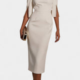 Vesna Midi Obleka z Bisernimi Detajli in Okruglim Izrezom