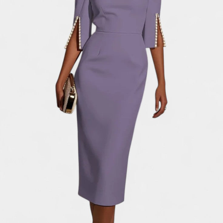 Vesna Midi Obleka z Bisernimi Detajli in Okruglim Izrezom