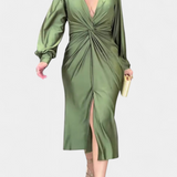 Veselka Dolga Obleka z Dolgimi Rokavi in V-Izrezom