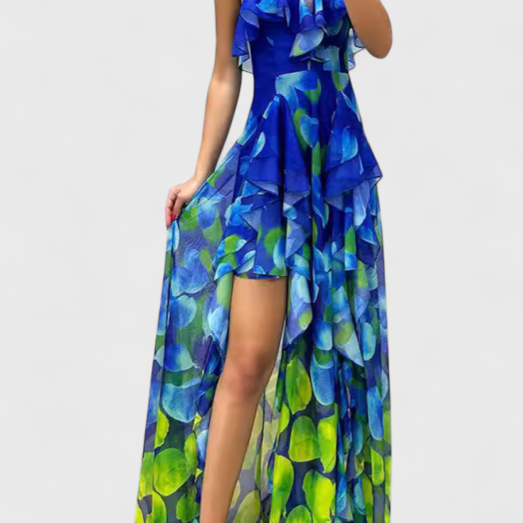 Zrinka Maxi Haljina brez Rukavov s Volančki in Gradijentnim Odprtjem