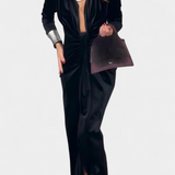 Vilma Dolga Obleka iz Zlatega Baršuna z V-Izrezom