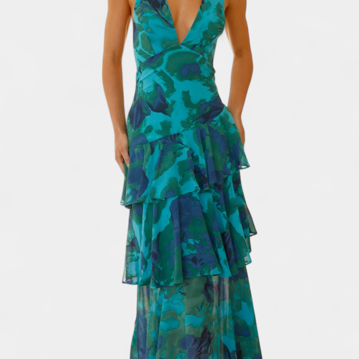 Valentina - Chiffon obleka z V-izrezom in lepršavimi rokavi