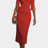 Vesna Midi Obleka z Bisernimi Detajli in Okruglim Izrezom