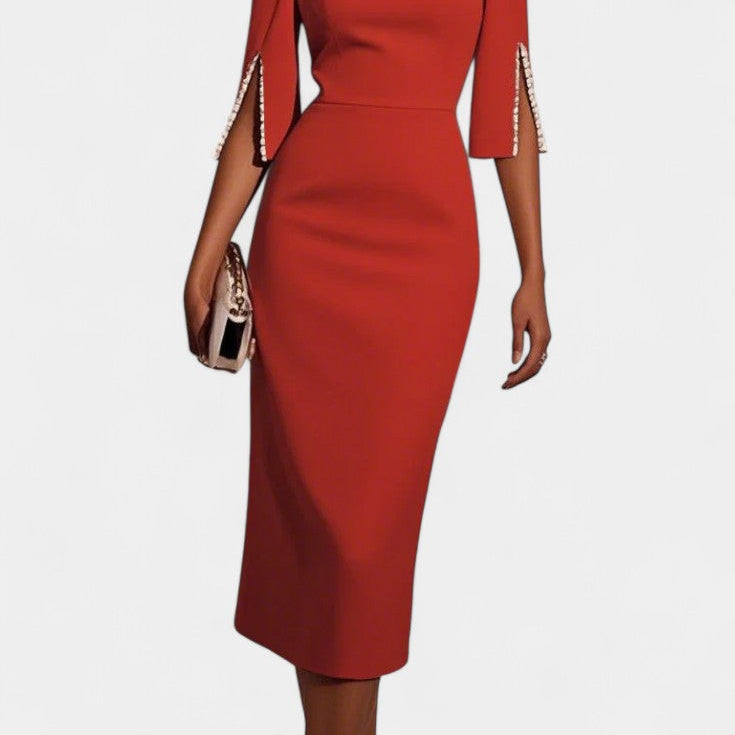 Vesna Midi Obleka z Bisernimi Detajli in Okruglim Izrezom