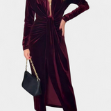 Vilma Dolga Obleka iz Zlatega Baršuna z V-Izrezom