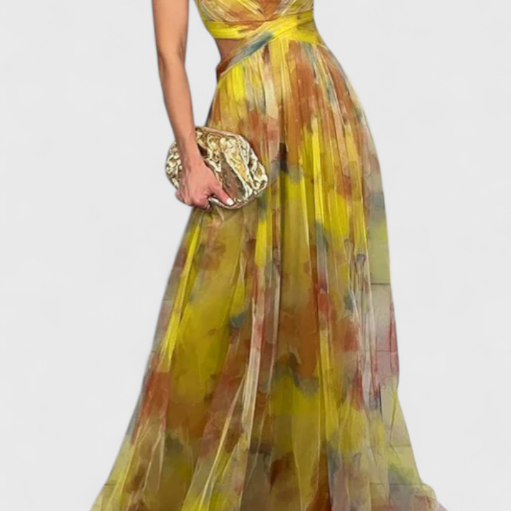 Magdalena Maxi Obleka s Cvetličnim Vzorcem in V-Izrezom