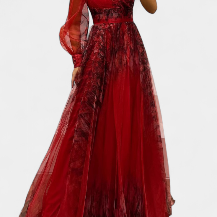 Natalija Maxi Obleka iz Chiffona z Odkritim Ramenom in Voluminozno Rožo