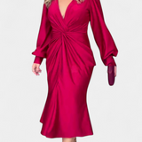 Veselka Dolga Obleka z Dolgimi Rokavi in V-Izrezom