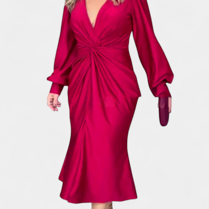 Veselka Dolga Obleka z Dolgimi Rokavi in V-Izrezom